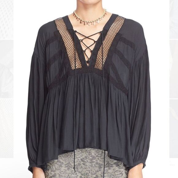 Free People 'Don't Let Go' Peasant Top black Goth fishnet vampire corset size S - Picture 2 of 8